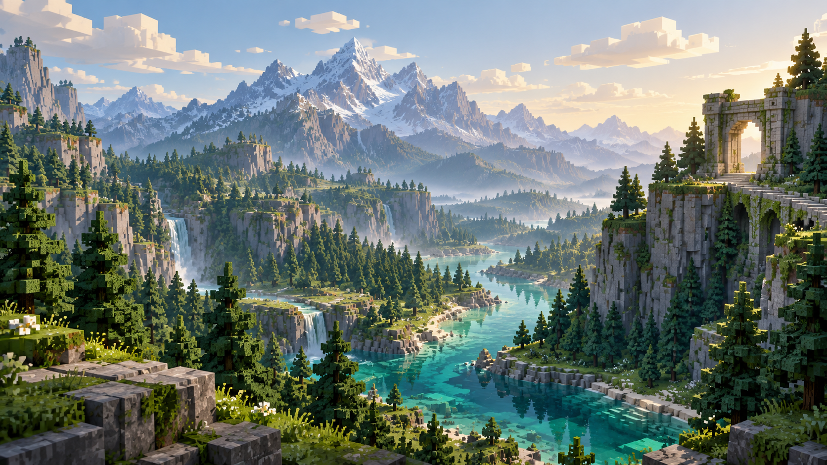 Illustration de concept : vallée de blocs, forêt et rivière au pied de grandes montagnes.